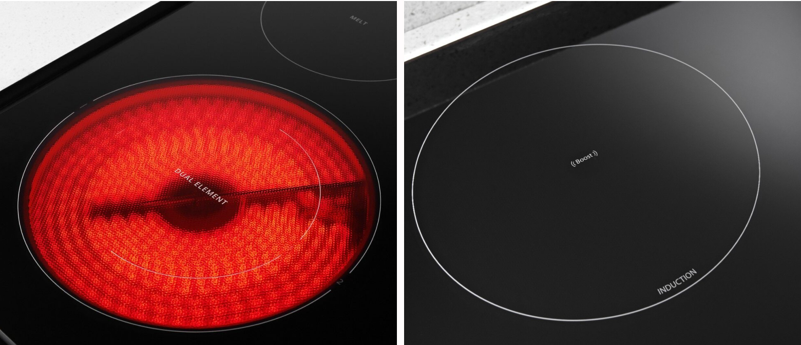A glowing electric cooktop element compared to an induction cooktop element