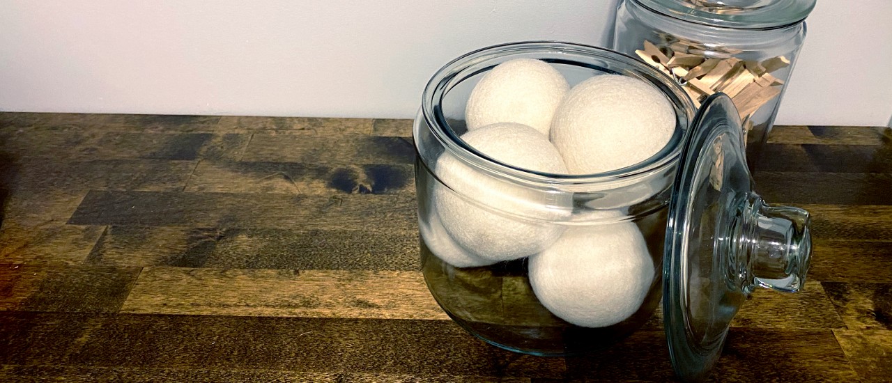 A jar of wool dryer balls