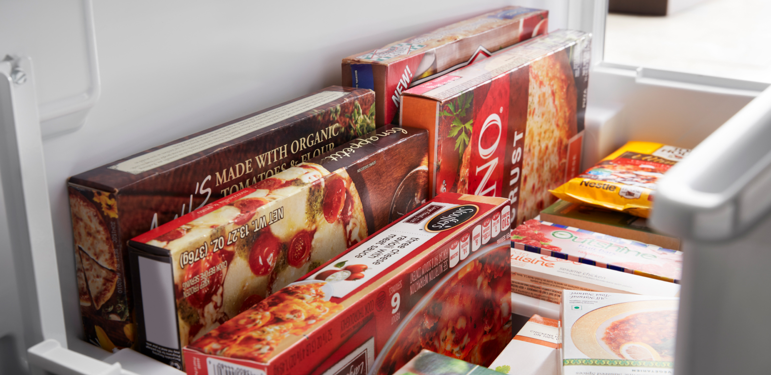 Close up shot of frozen items in pull-out freezer drawer