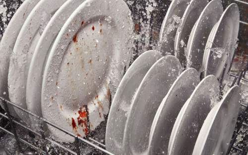 Dishes being washed in dishwasher
