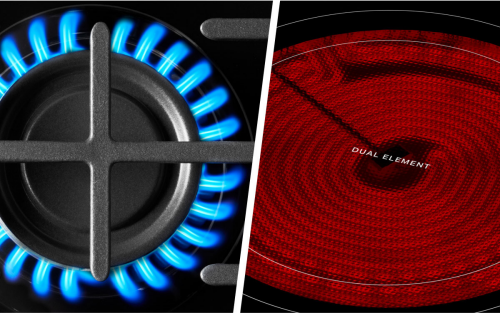 Side-by-side image of gas and electric stove heating elements
