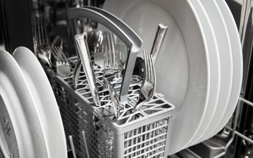 A closeup of the interior of a Whirlpool® dishwasher.