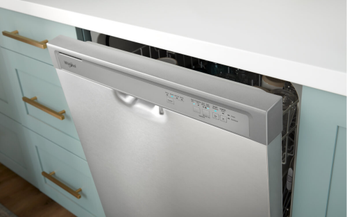 Whirlpool® Front Control Dishwasher with the door cracked open