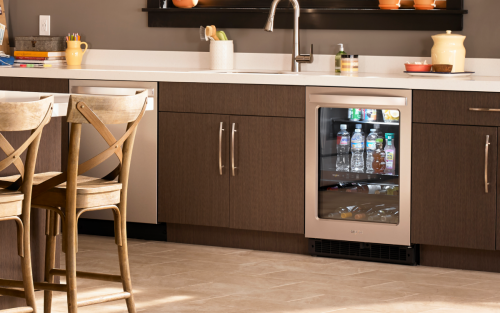 A Whirlpool® Undercounter Refrigerator with drinks inside