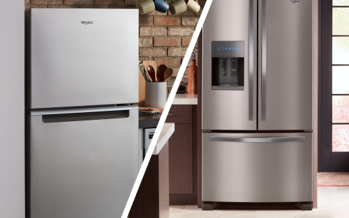 A split-screen image of a top freezer and a bottom freezer