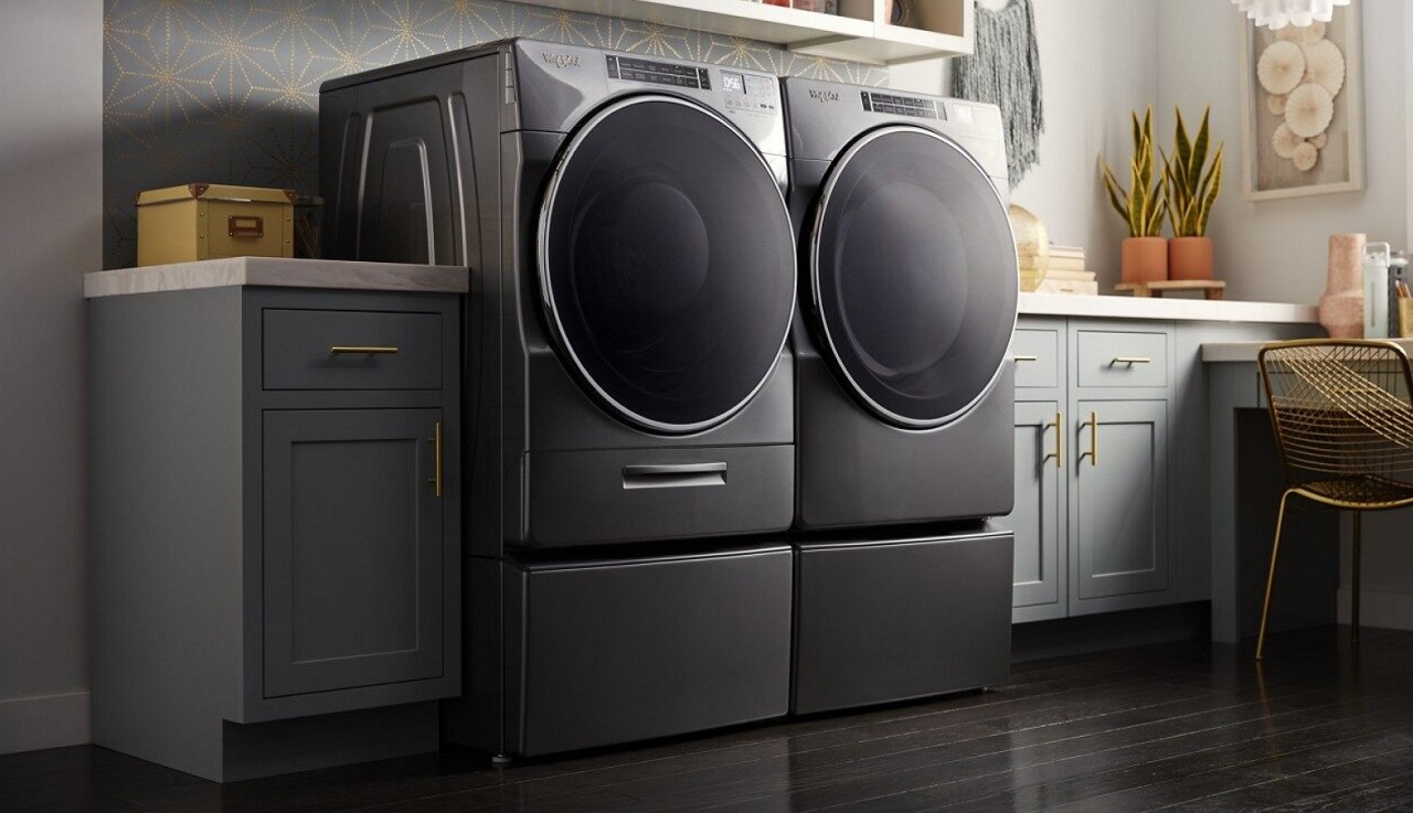 A front load laundry pair in a laundry room