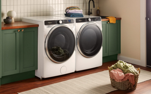 A white Whirlpool® front load washer set