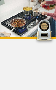 A person cooking on a Whirlpool® Cooktop, with a J.D. Power badge over the image