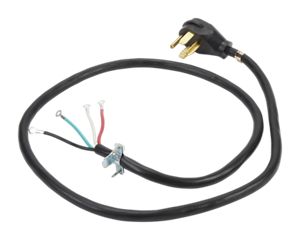 6' Black Electric Dryer Power Cord with 30-amp, 4-Wire, and 4 ring terminal connectors with right-angle plug